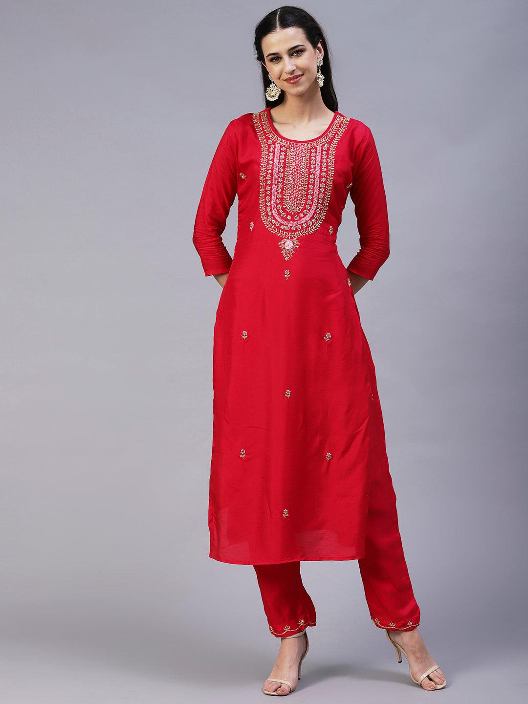 Solid Zardozi Embroidered Kurta With Pants & Dupatta - Magenta - Indiakreations