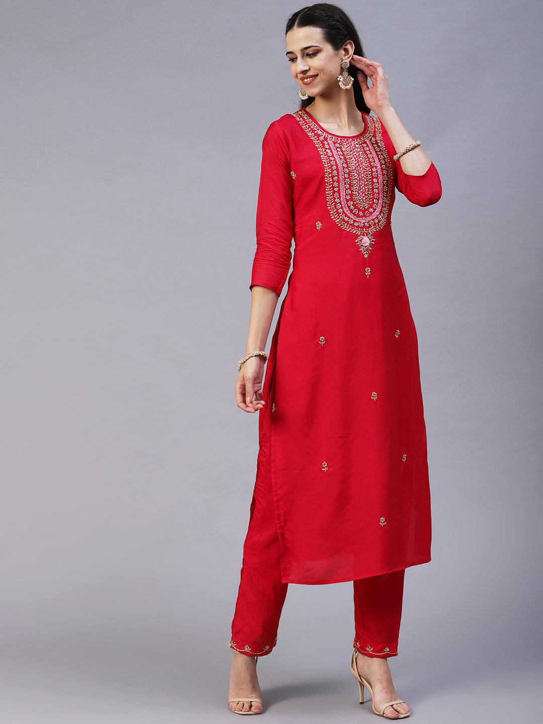 Solid Zardozi Embroidered Kurta With Pants & Dupatta - Magenta - Indiakreations