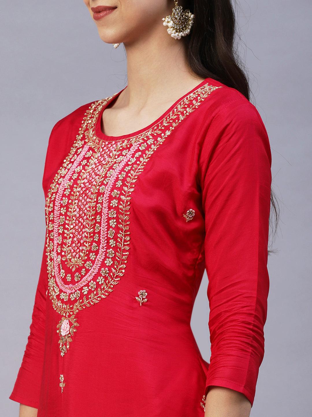 Solid Zardozi Embroidered Kurta With Pants & Dupatta - Magenta - Indiakreations