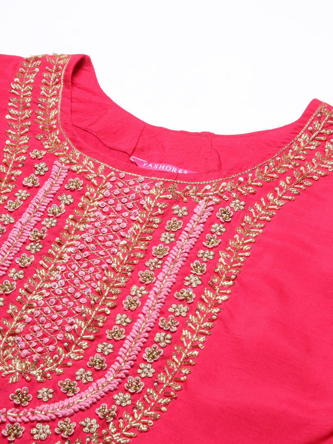 Solid Zardozi Embroidered Kurta With Pants & Dupatta - Magenta - Indiakreations