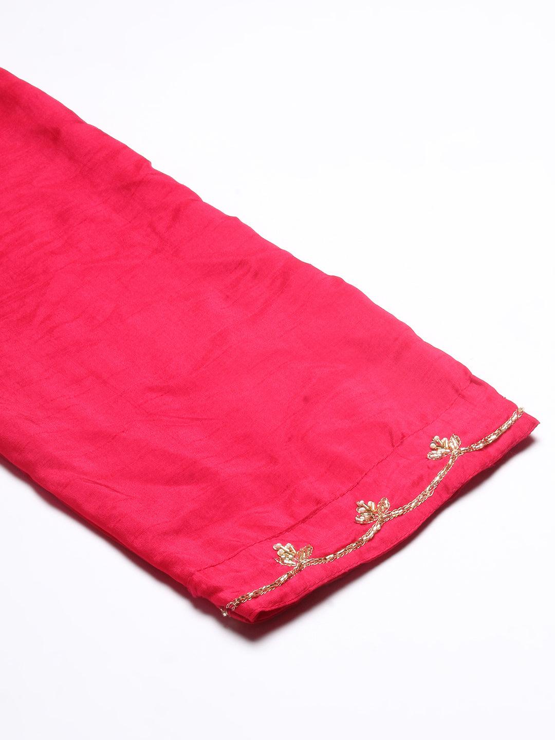 Solid Zardozi Embroidered Kurta With Pants & Dupatta - Magenta - Indiakreations