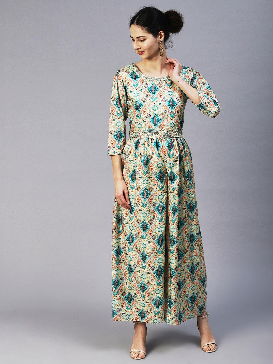 Ethnic Tribal Printed & Hand Embroidered A-Line Maxi Dress - Green - Indiakreations