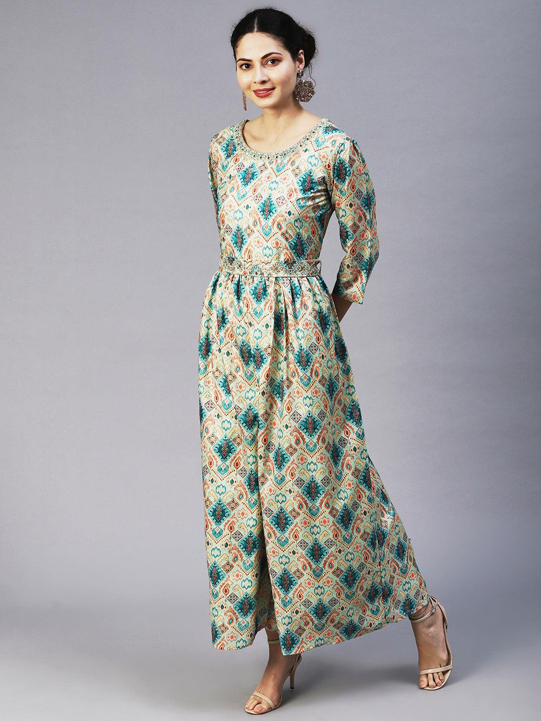 Ethnic Tribal Printed & Hand Embroidered A-Line Maxi Dress - Green - Indiakreations