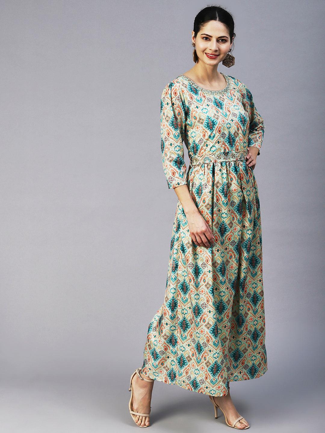 Ethnic Tribal Printed & Hand Embroidered A-Line Maxi Dress - Green - Indiakreations