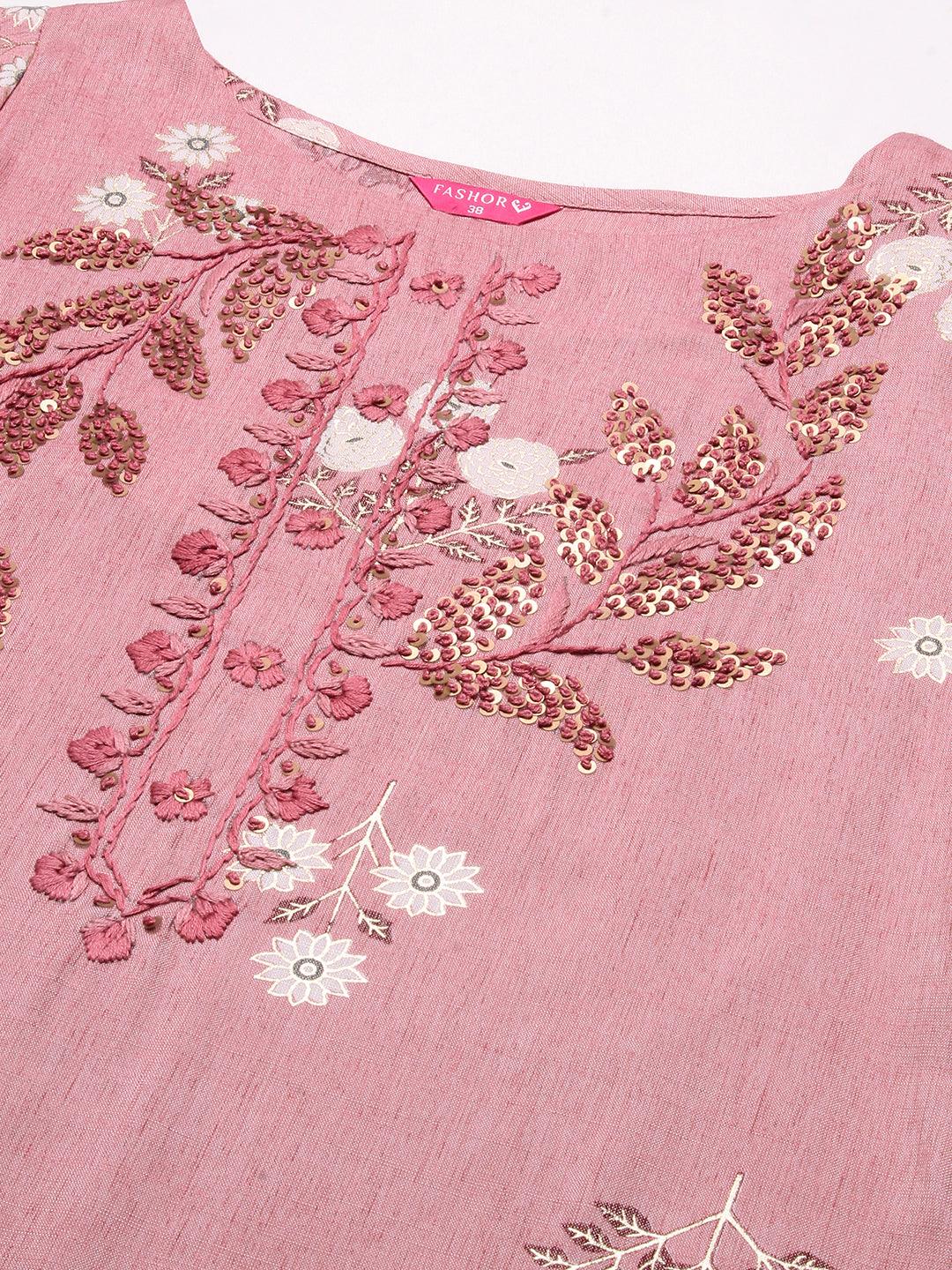 Floral Hand Embroidered Straight Fit Kurta - Mauve - Indiakreations