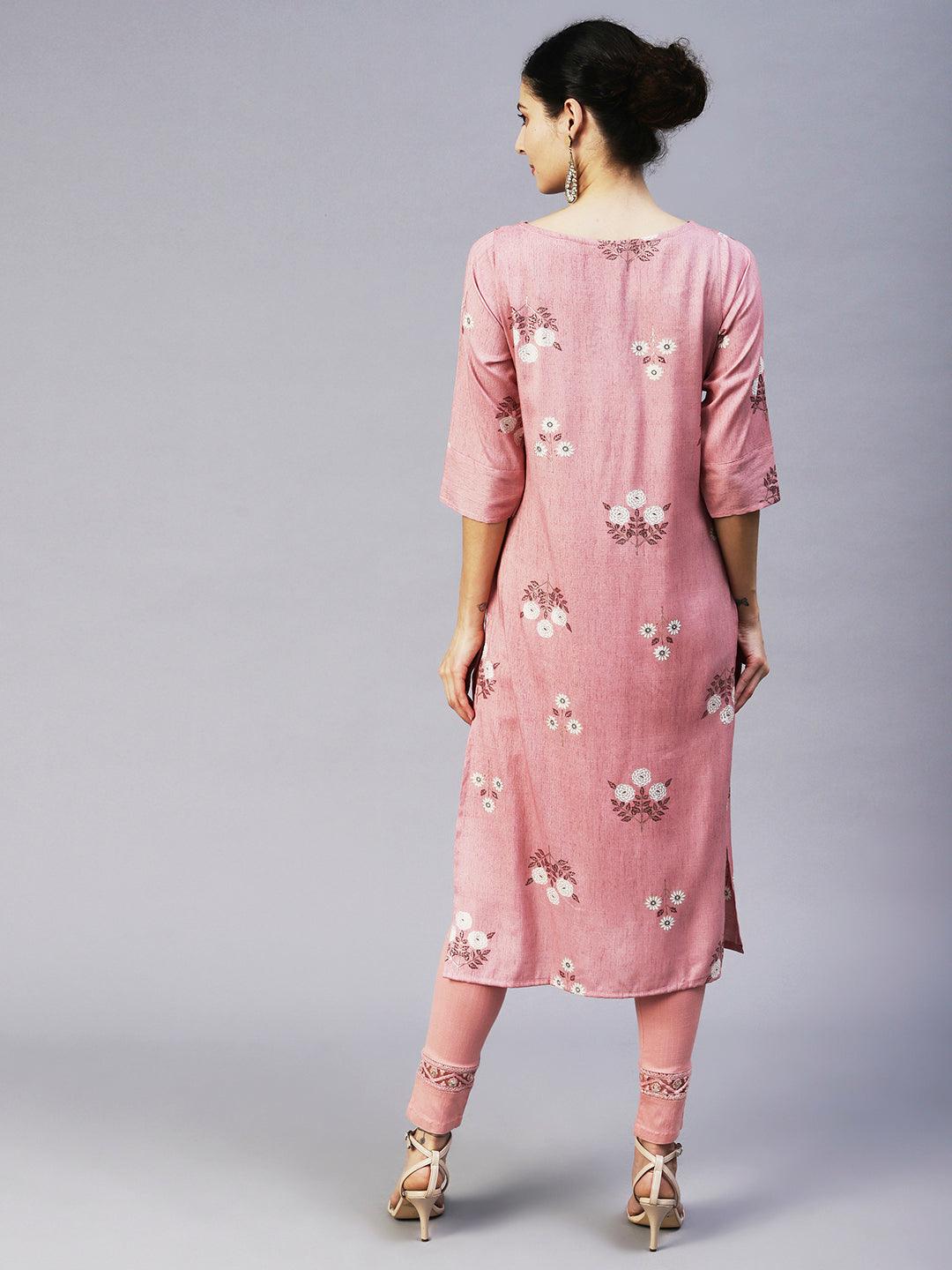 Floral Hand Embroidered Straight Fit Kurta - Mauve - Indiakreations