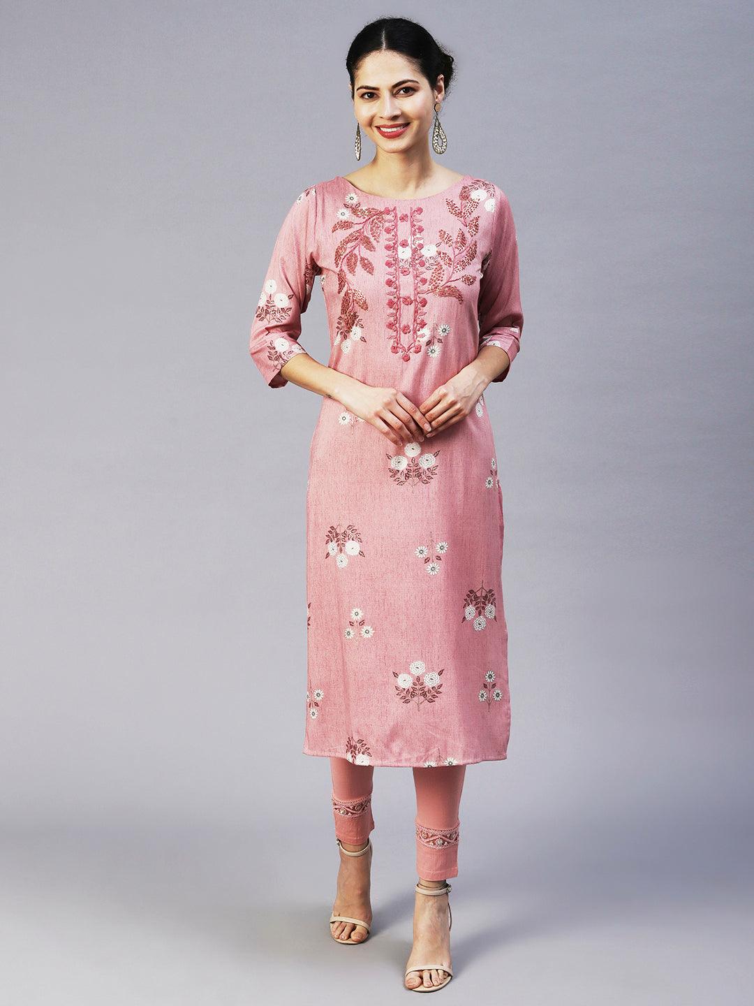 Floral Hand Embroidered Straight Fit Kurta - Mauve - Indiakreations