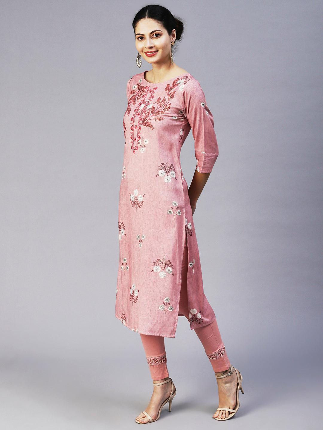 Floral Hand Embroidered Straight Fit Kurta - Mauve - Indiakreations