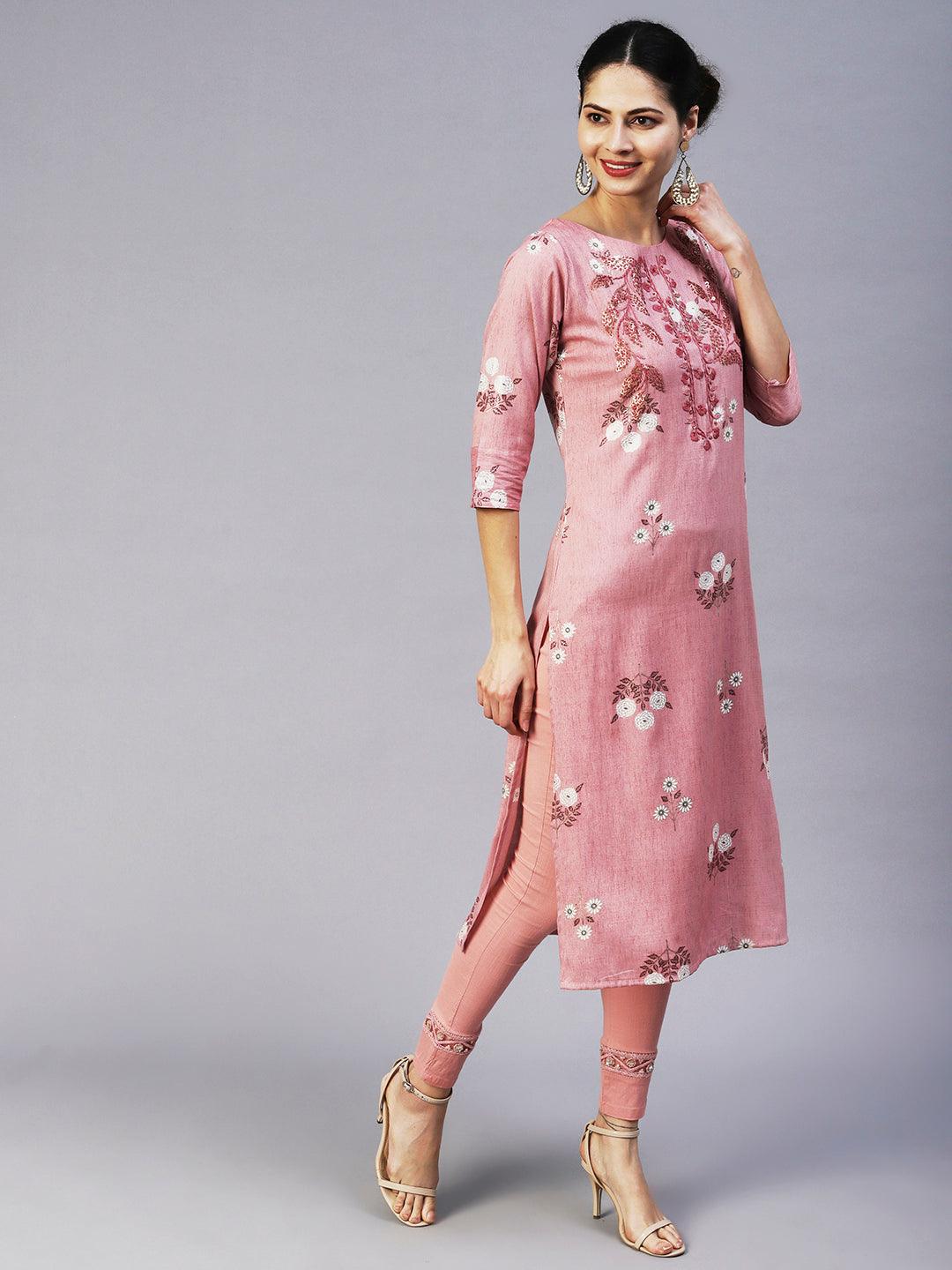 Floral Hand Embroidered Straight Fit Kurta - Mauve - Indiakreations