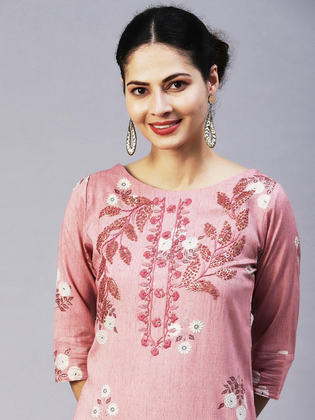 Floral Hand Embroidered Straight Fit Kurta - Mauve - Indiakreations