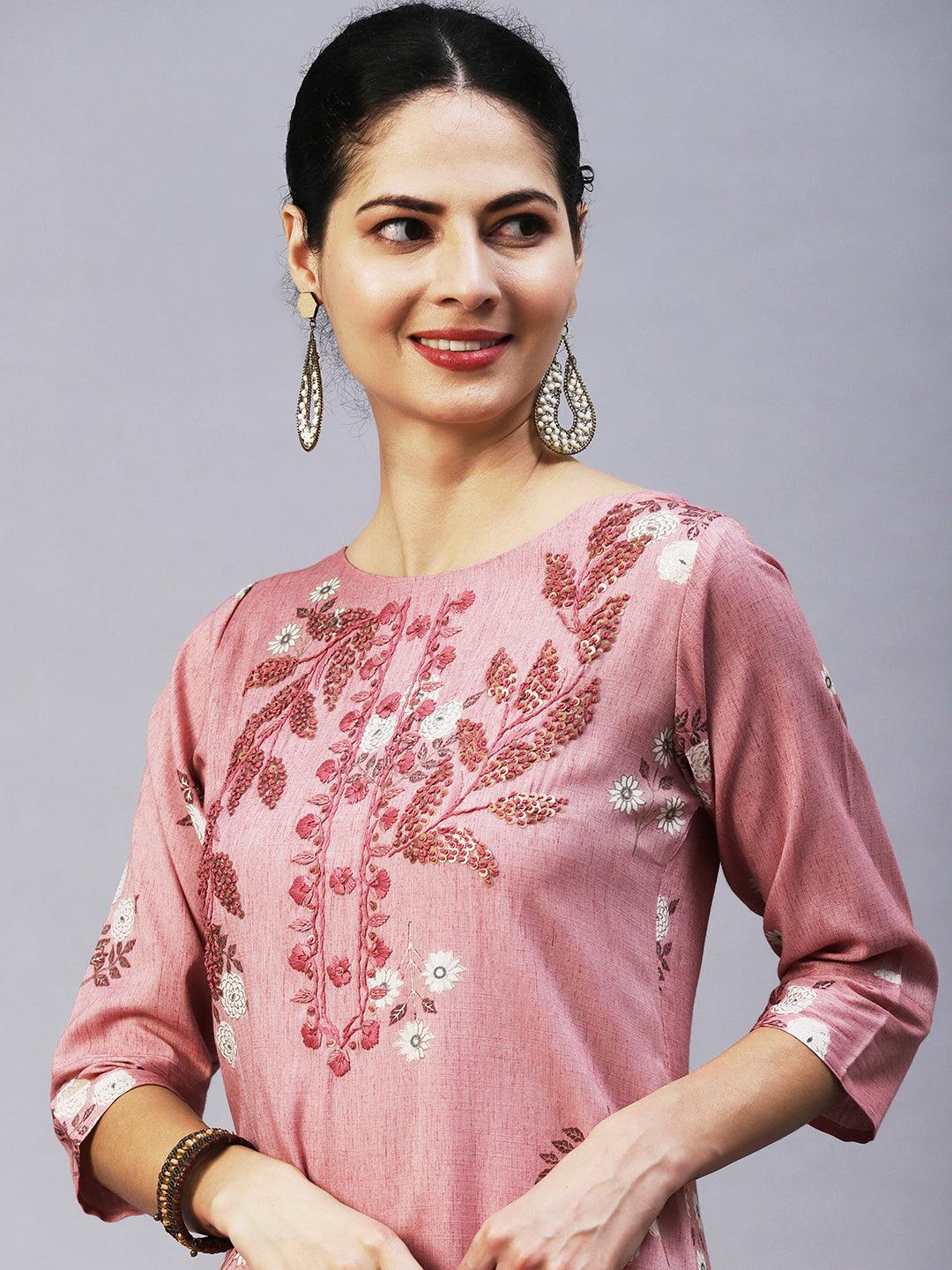 Floral Hand Embroidered Straight Fit Kurta - Mauve - Indiakreations