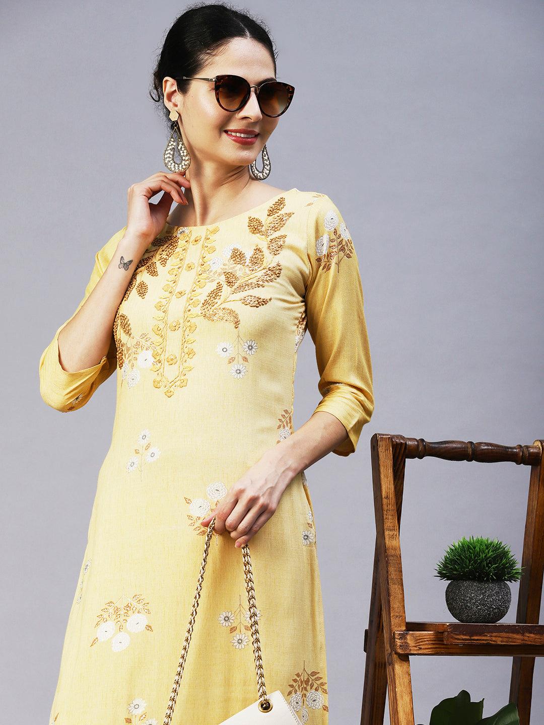 Floral Hand Embroidered Straight Fit Kurta - Yellow - Indiakreations