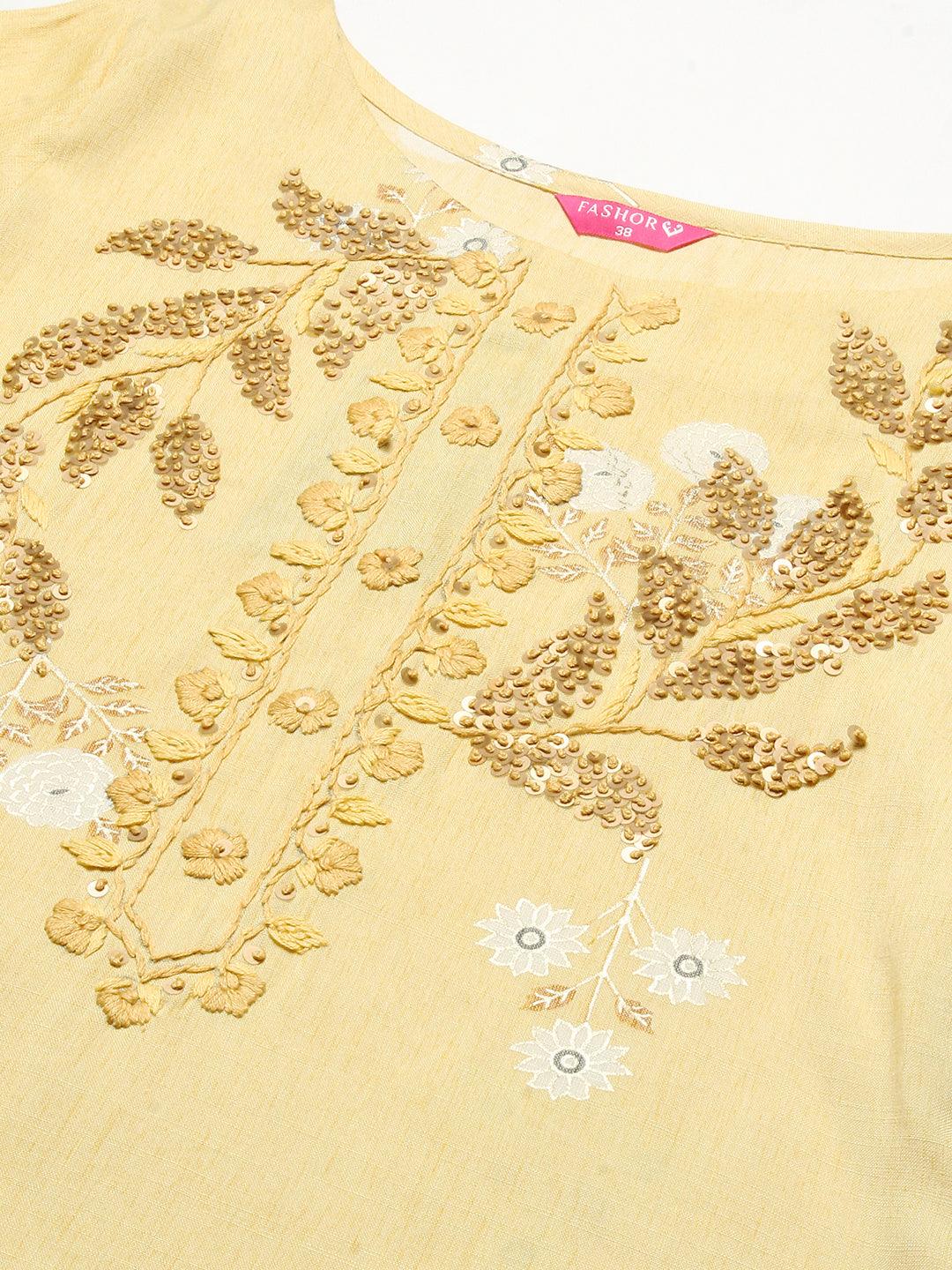 Floral Hand Embroidered Straight Fit Kurta - Yellow - Indiakreations