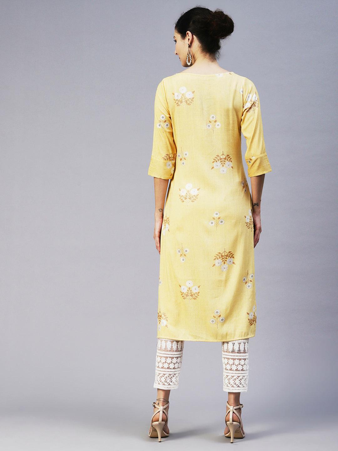 Floral Hand Embroidered Straight Fit Kurta - Yellow - Indiakreations