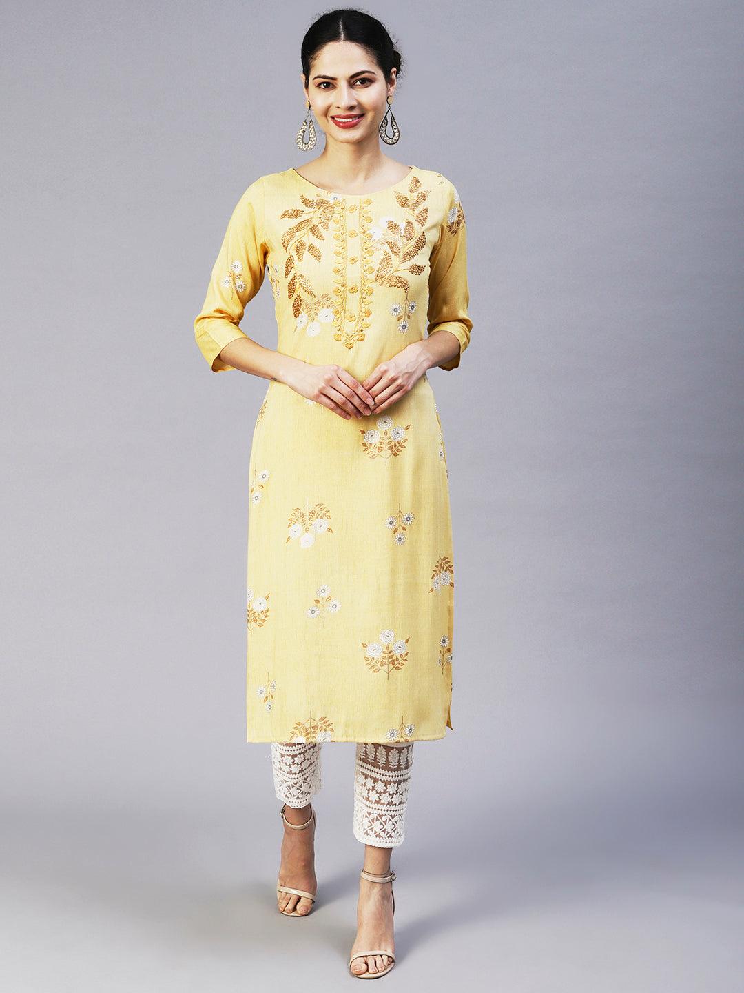 Floral Hand Embroidered Straight Fit Kurta - Yellow - Indiakreations