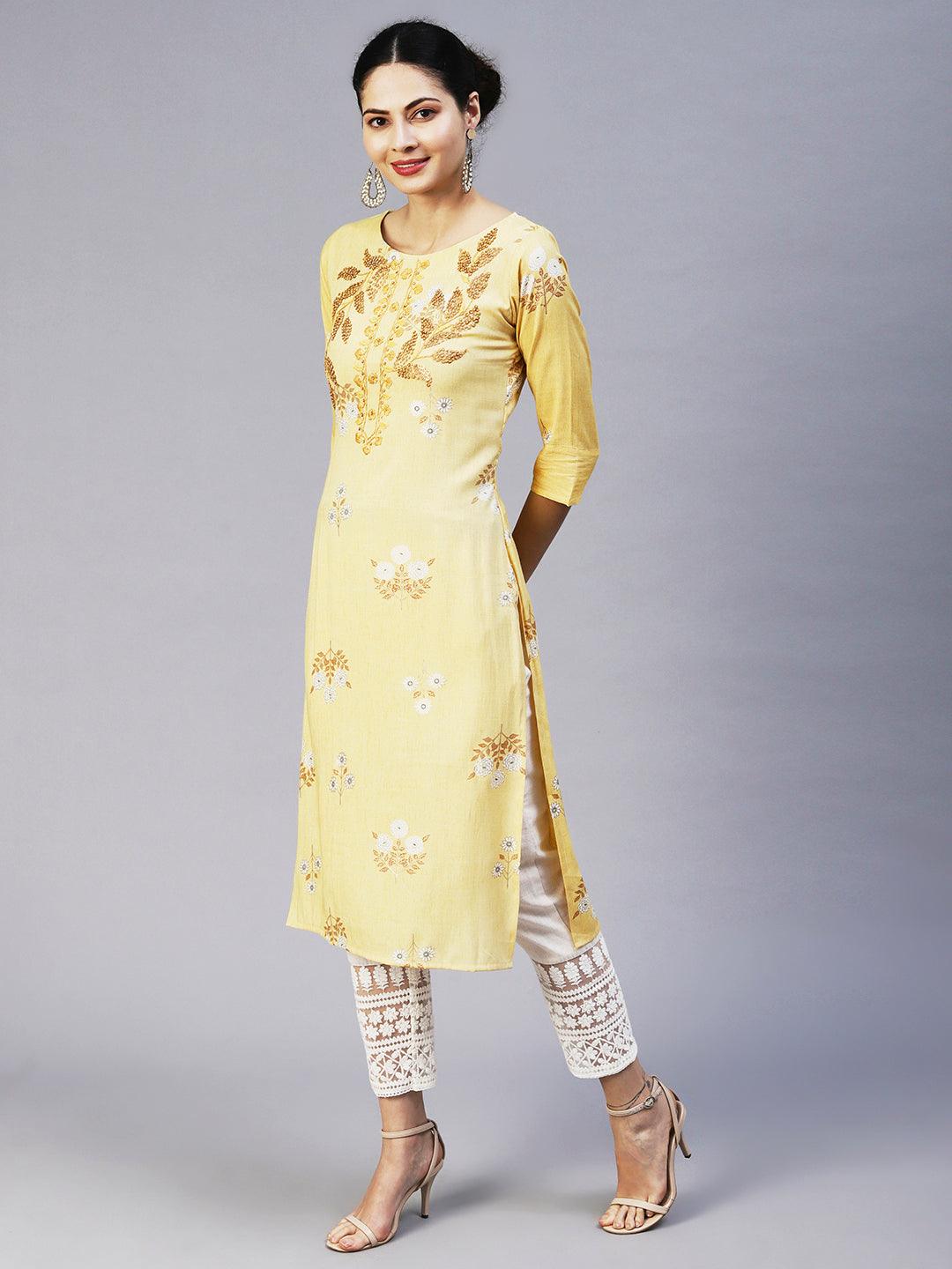 Floral Hand Embroidered Straight Fit Kurta - Yellow - Indiakreations