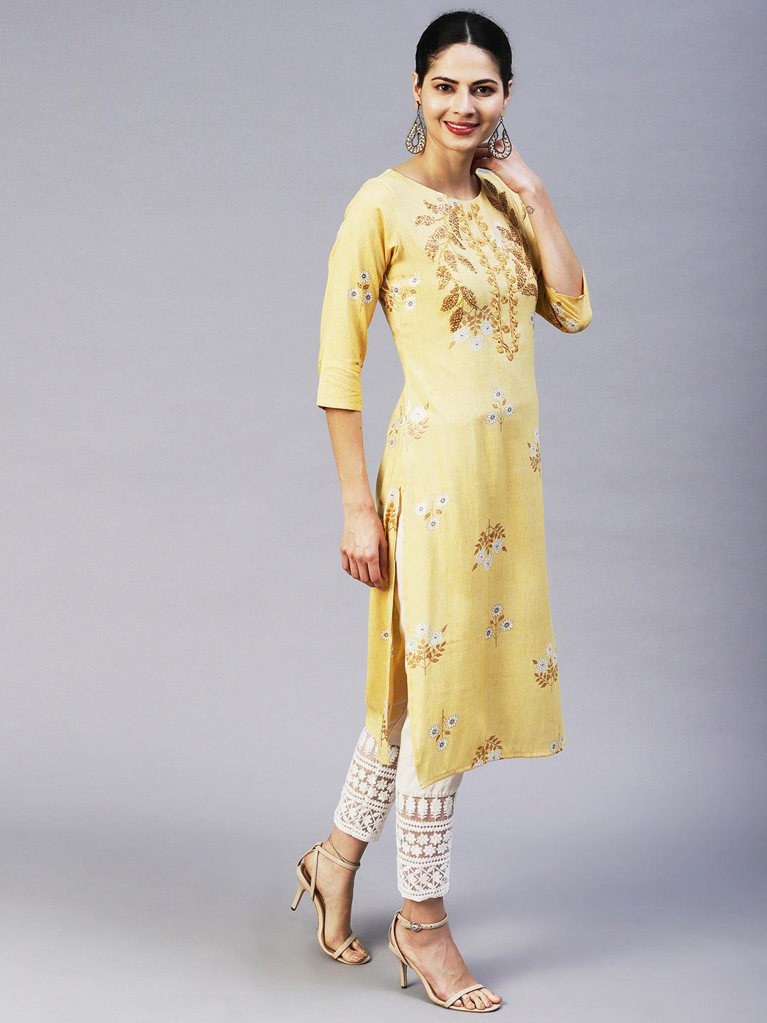 Floral Hand Embroidered Straight Fit Kurta - Yellow - Indiakreations