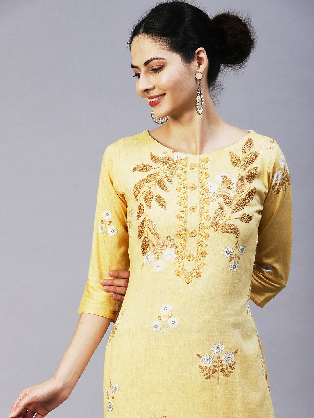 Floral Hand Embroidered Straight Fit Kurta - Yellow - Indiakreations