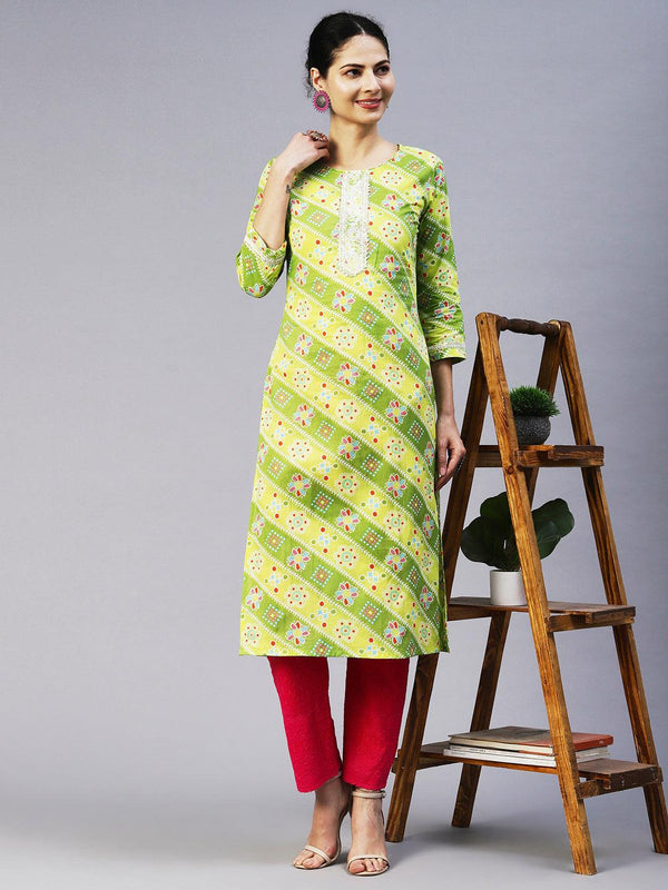 Bandhani Printed Resham Dori Embroidered Kurta - Lime Green - Indiakreations