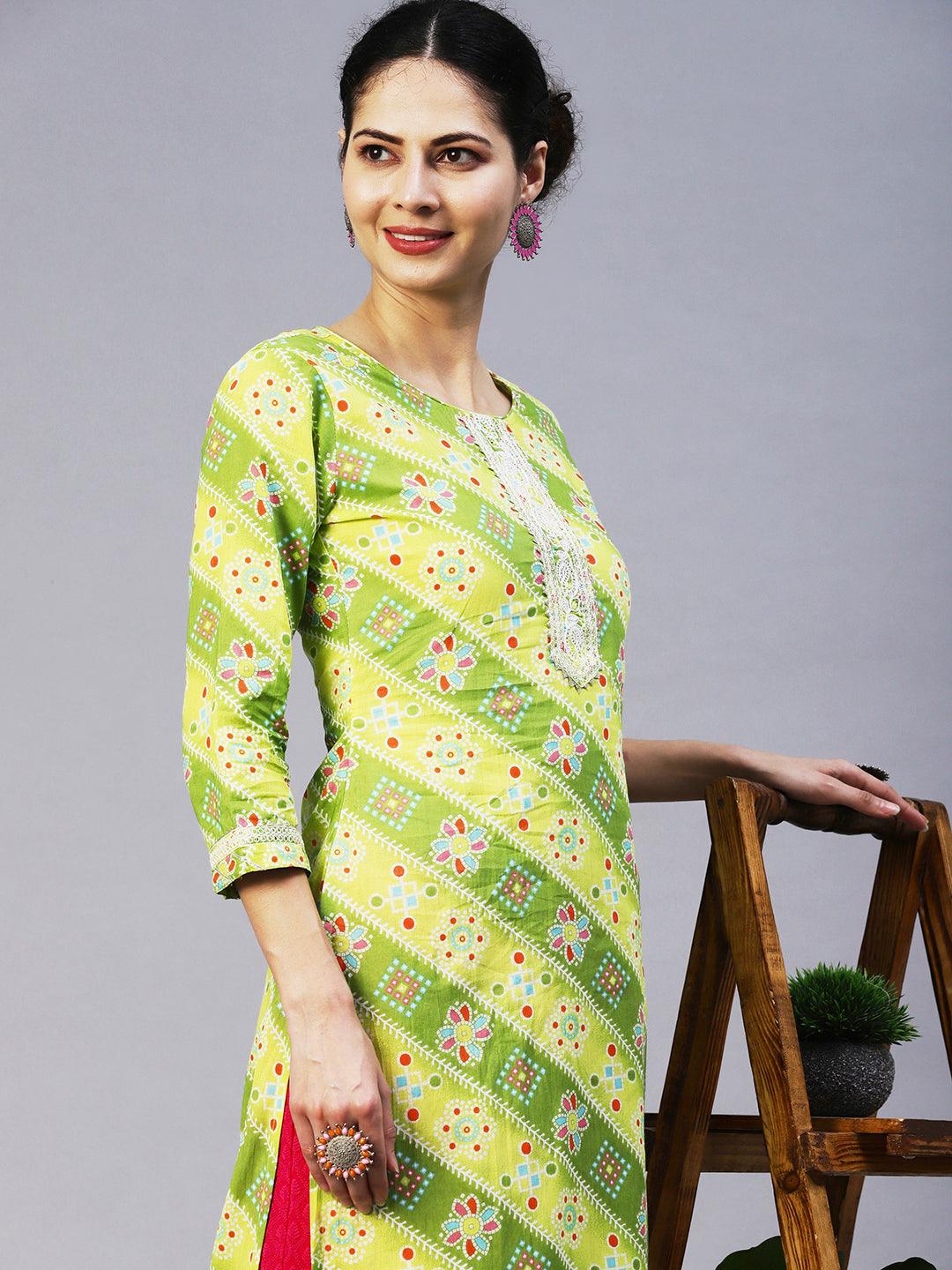 Bandhani Printed Resham Dori Embroidered Kurta - Lime Green - Indiakreations