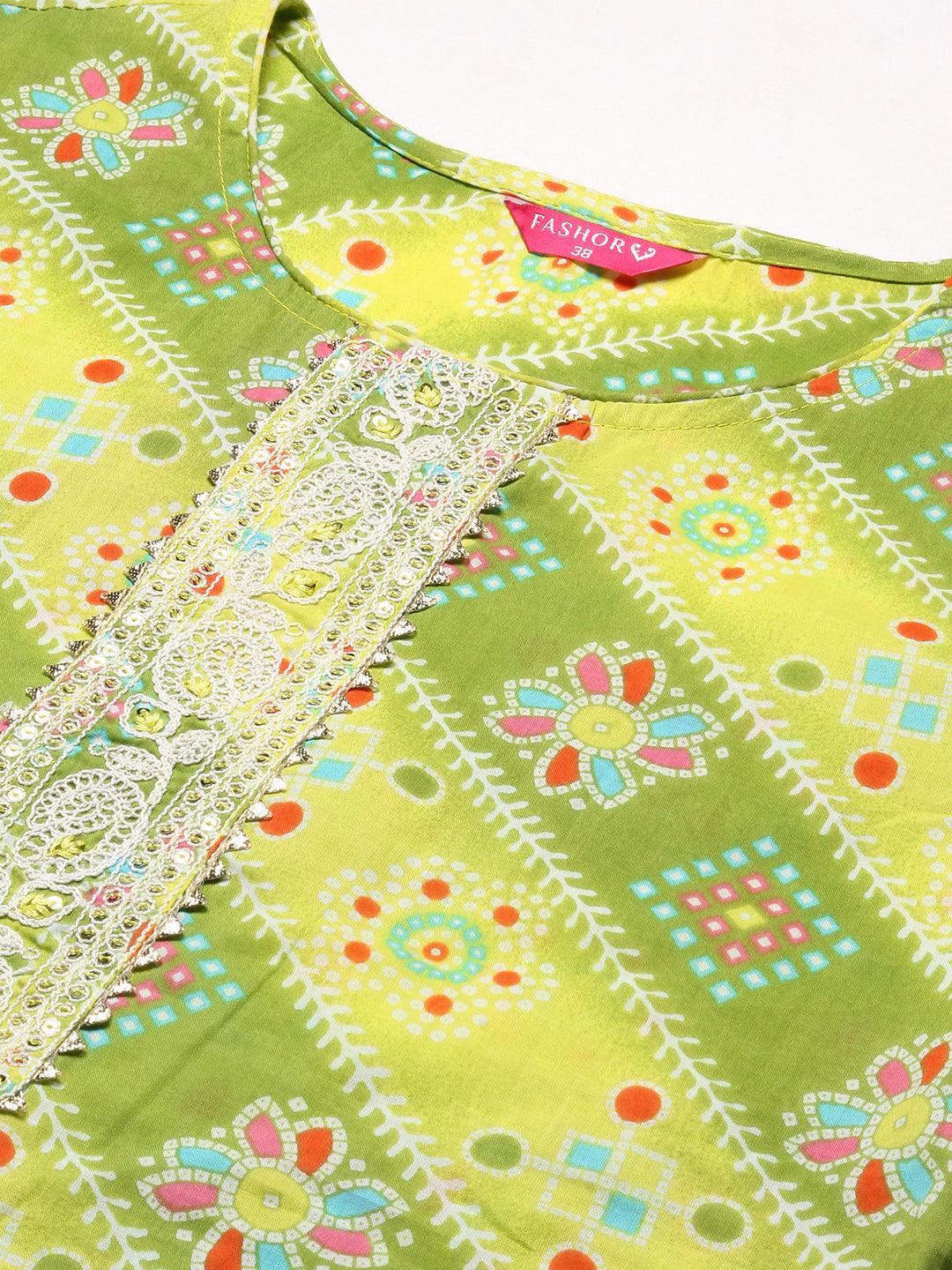 Bandhani Printed Resham Dori Embroidered Kurta - Lime Green - Indiakreations