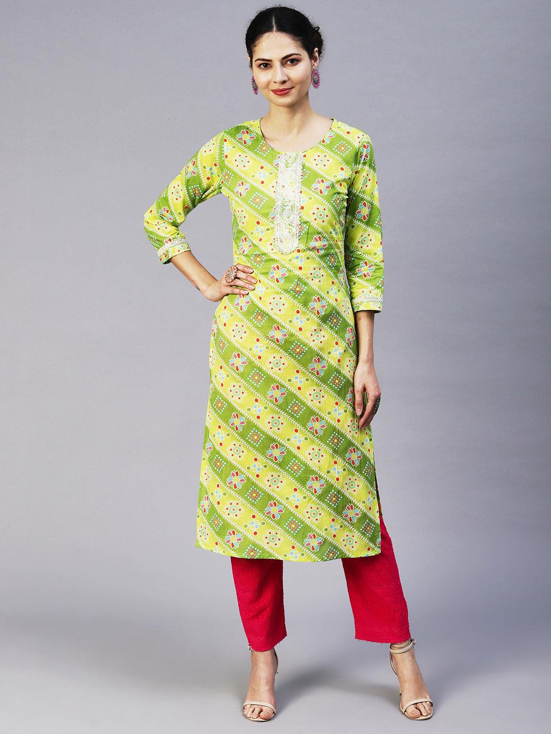 Bandhani Printed Resham Dori Embroidered Kurta - Lime Green - Indiakreations