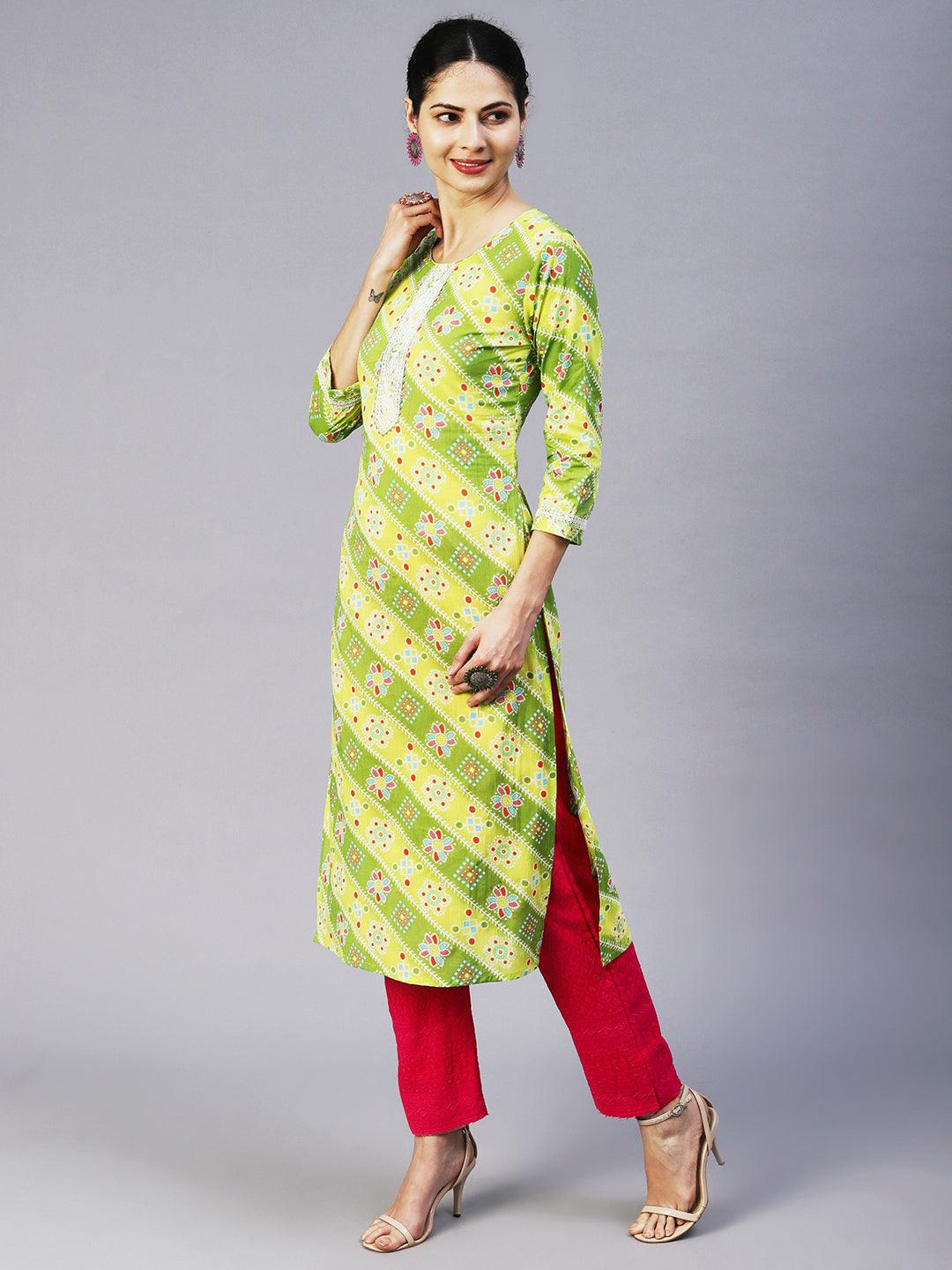 Bandhani Printed Resham Dori Embroidered Kurta - Lime Green - Indiakreations