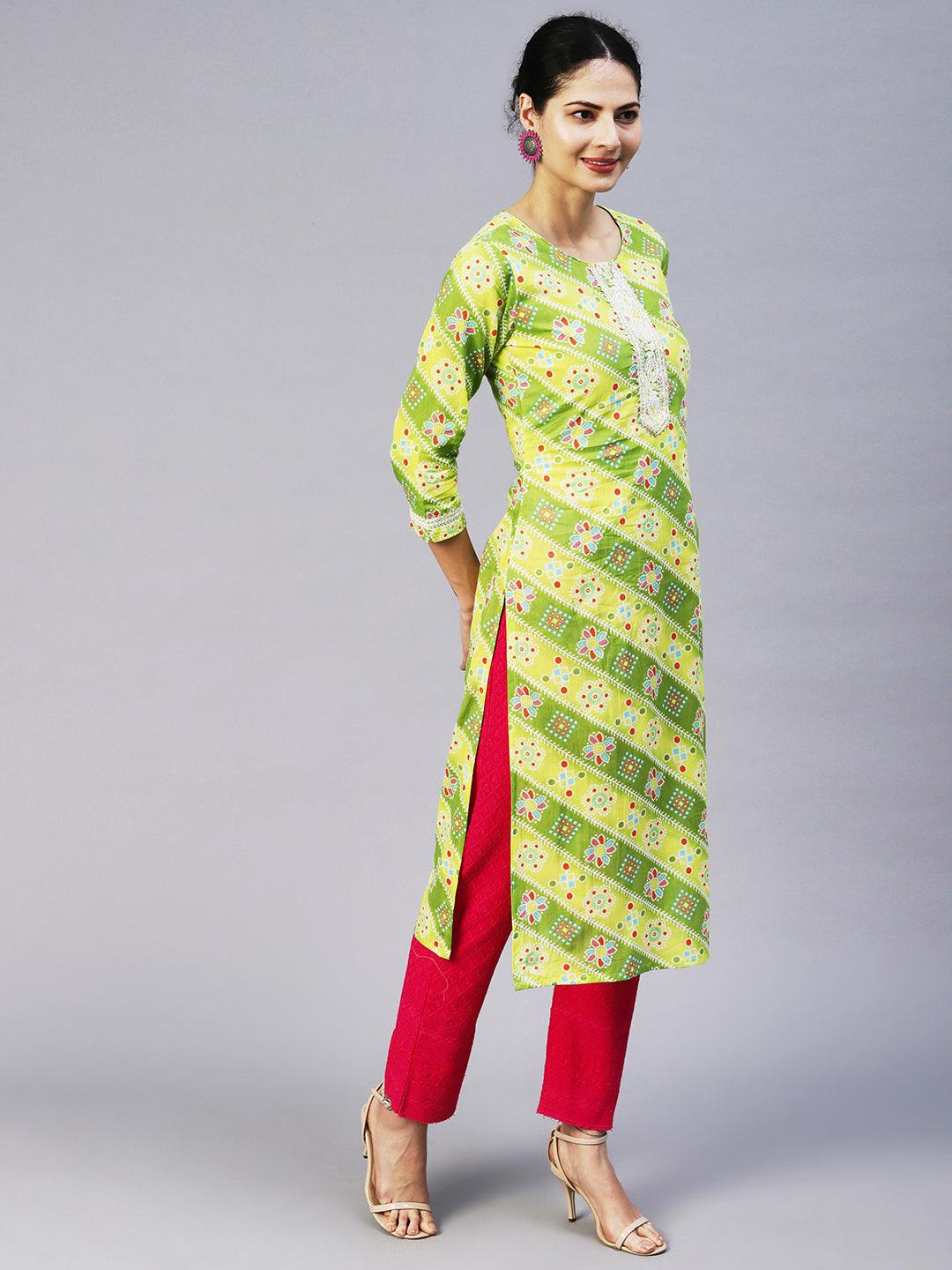 Bandhani Printed Resham Dori Embroidered Kurta - Lime Green - Indiakreations