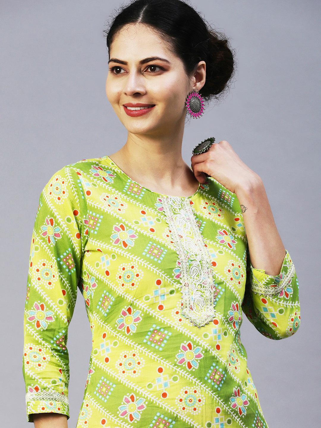 Bandhani Printed Resham Dori Embroidered Kurta - Lime Green - Indiakreations