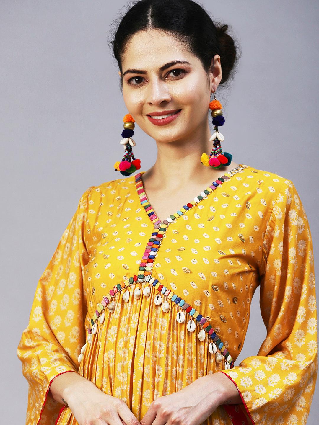 Floral & Bandhani Printed Embroidered A-Line Kurta with Pant - Yellow - Indiakreations