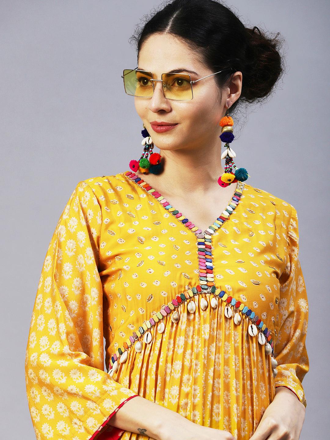 Floral & Bandhani Printed Embroidered A-Line Kurta with Pant - Yellow - Indiakreations