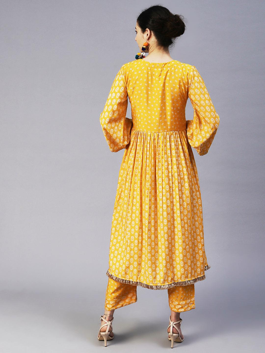 Floral & Bandhani Printed Embroidered A-Line Kurta with Pant - Yellow - Indiakreations