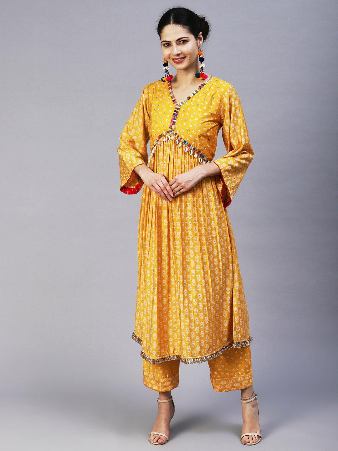 Floral & Bandhani Printed Embroidered A-Line Kurta with Pant - Yellow - Indiakreations