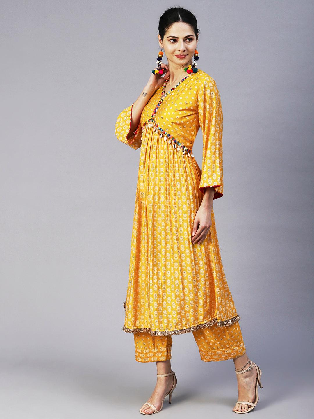 Floral & Bandhani Printed Embroidered A-Line Kurta with Pant - Yellow - Indiakreations