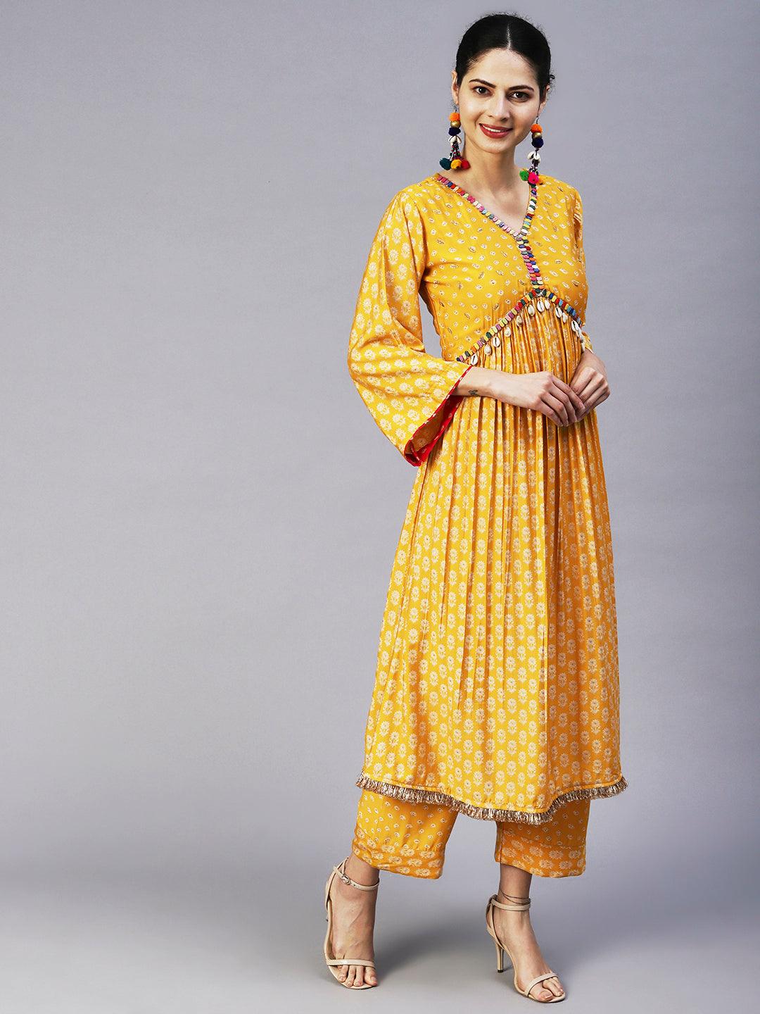 Floral & Bandhani Printed Embroidered A-Line Kurta with Pant - Yellow - Indiakreations