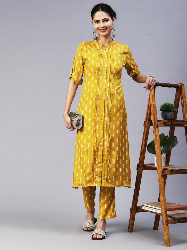 Ethnic Printed Straight Fit Kurta with Pant - Yellow - Indiakreations