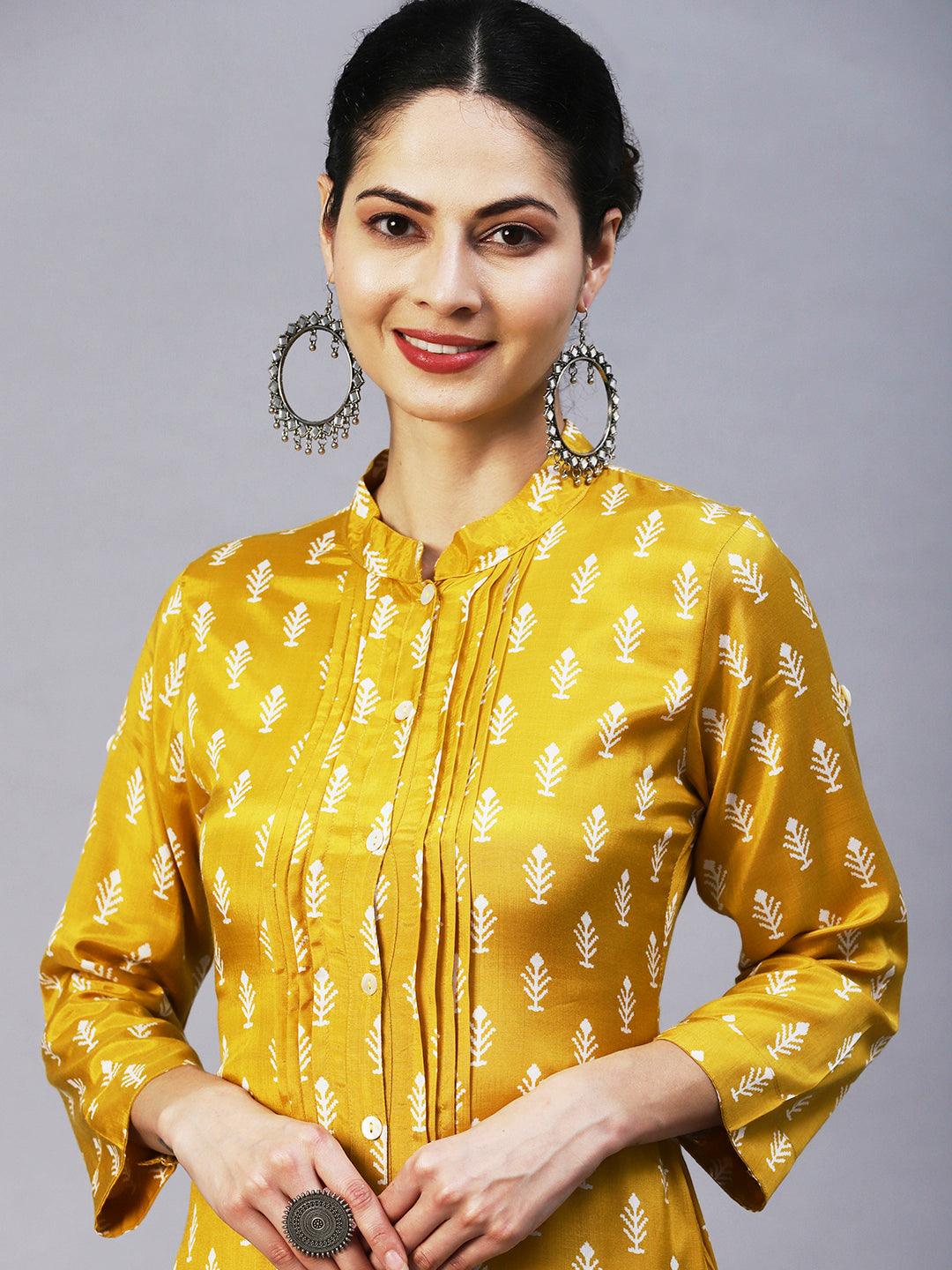 Ethnic Printed Straight Fit Kurta with Pant - Yellow - Indiakreations