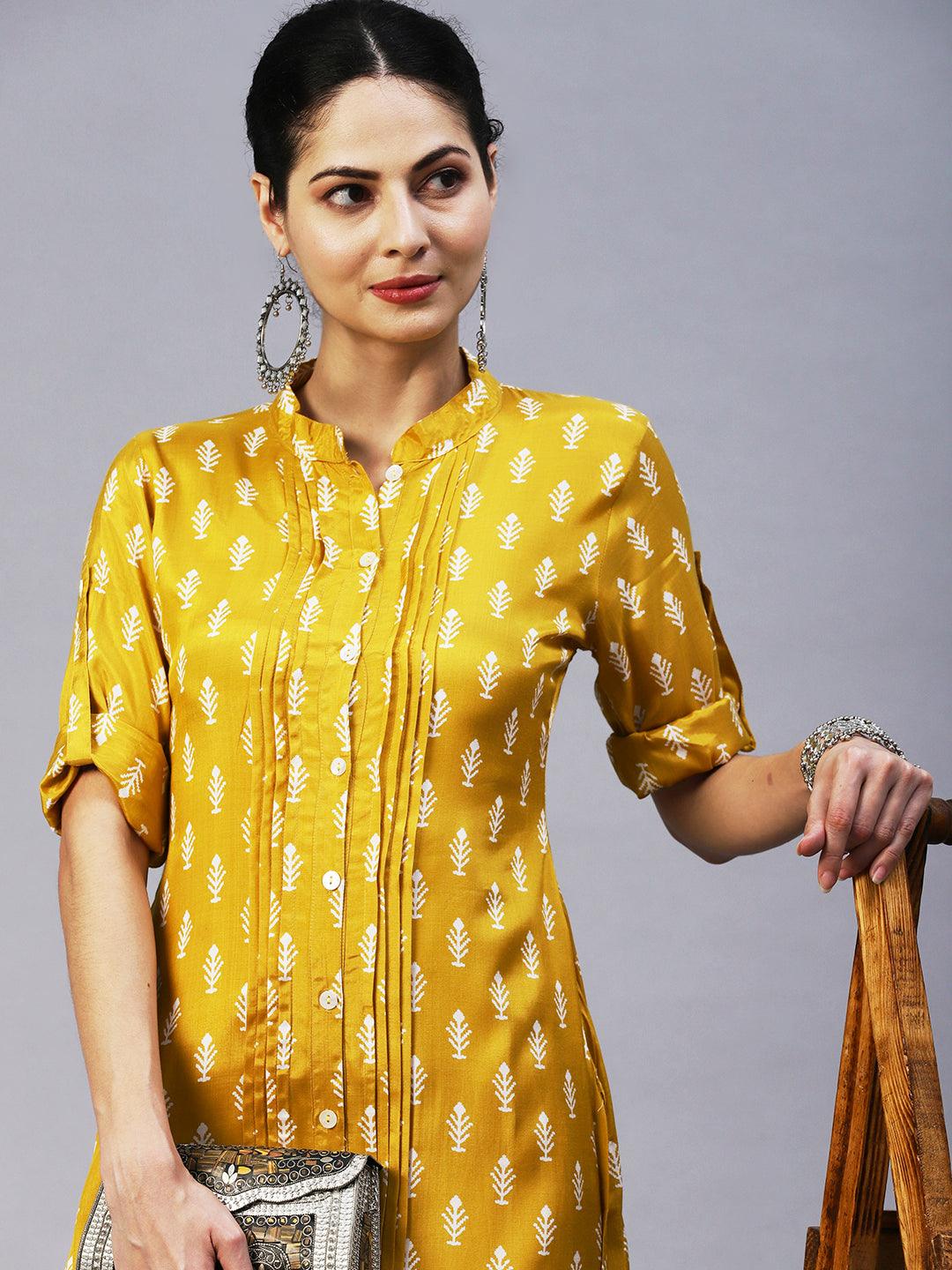 Ethnic Printed Straight Fit Kurta with Pant - Yellow - Indiakreations