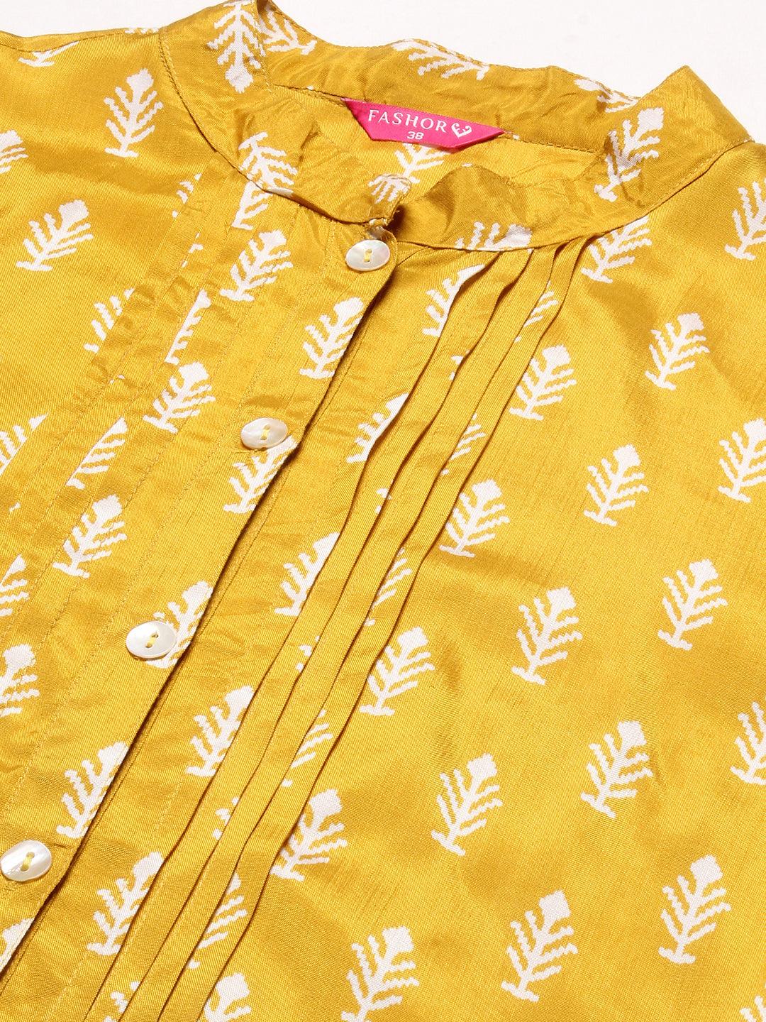 Ethnic Printed Straight Fit Kurta with Pant - Yellow - Indiakreations