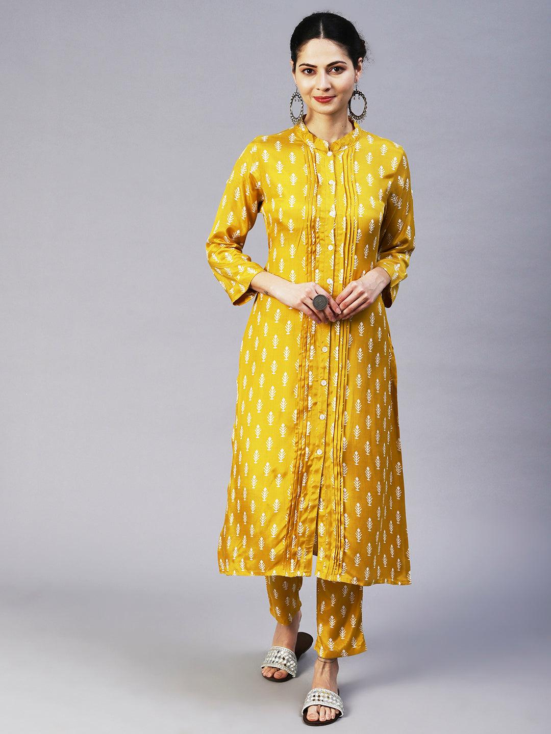 Ethnic Printed Straight Fit Kurta with Pant - Yellow - Indiakreations