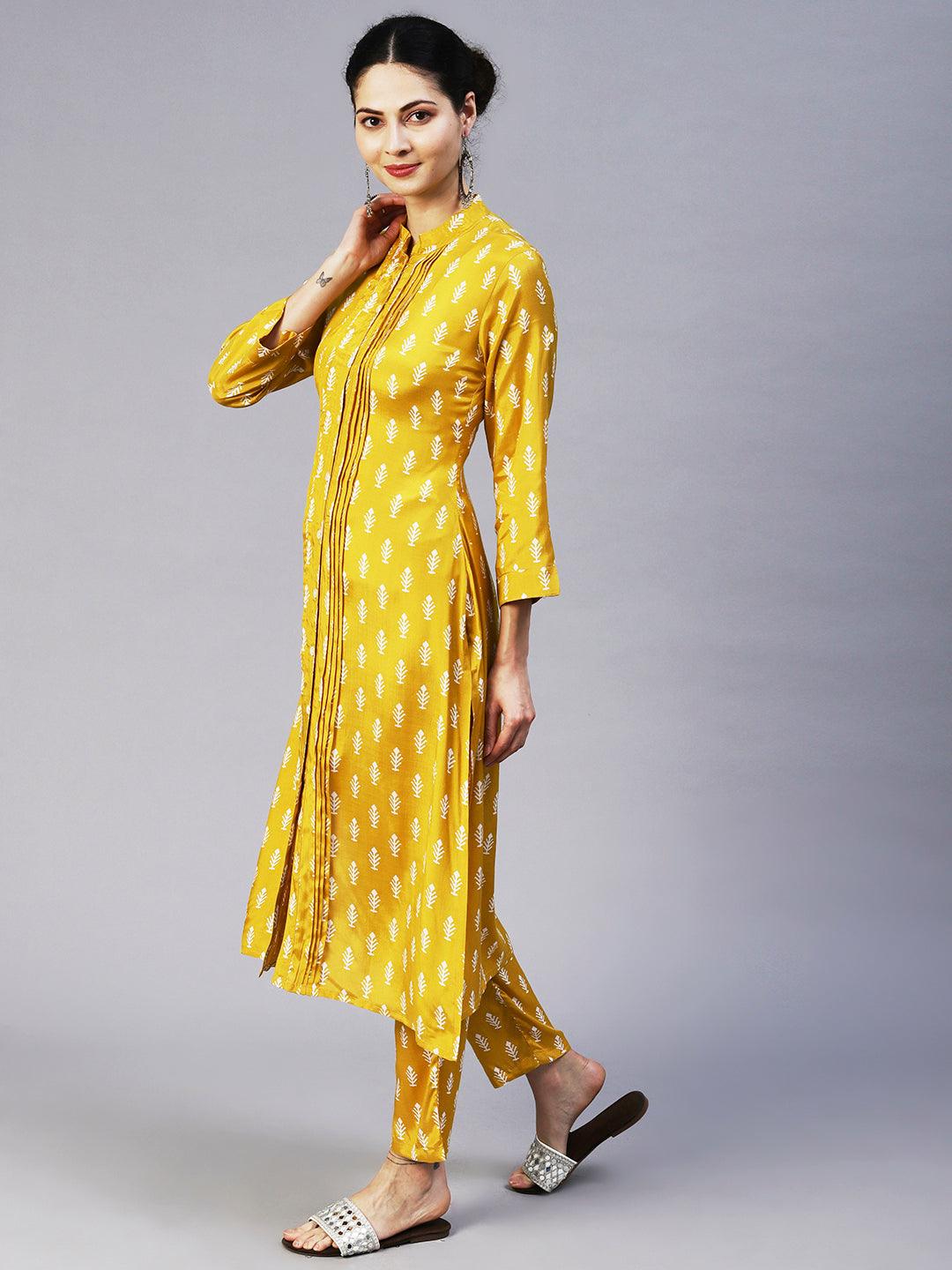 Ethnic Printed Straight Fit Kurta with Pant - Yellow - Indiakreations