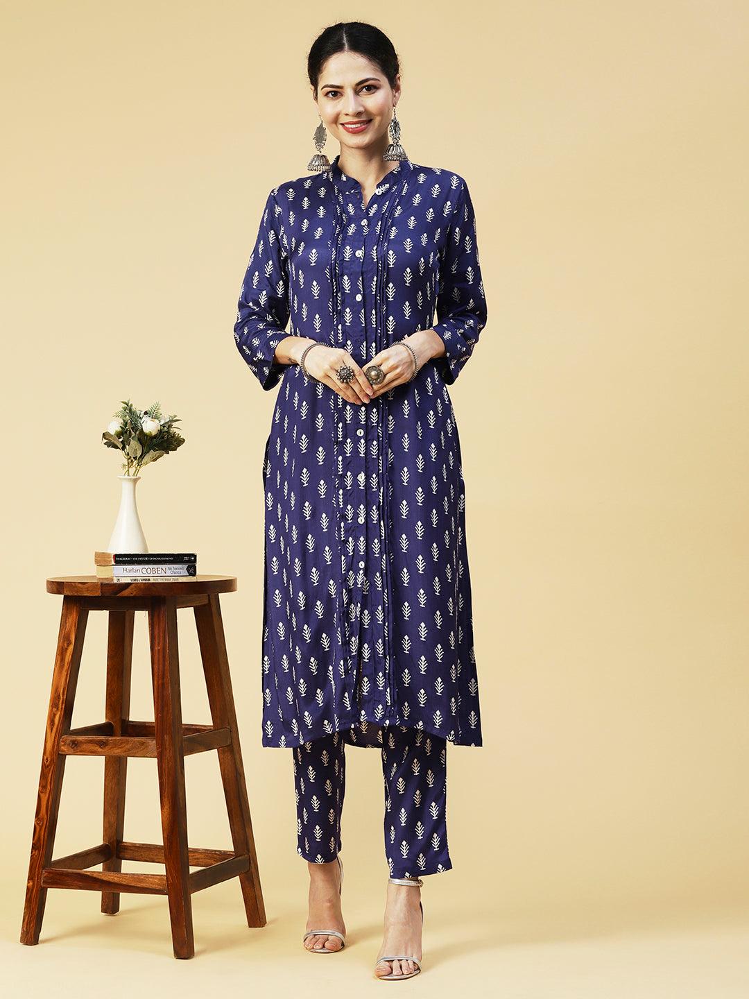 Ethnic Printed Straight Fit Kurta with Pant - Blue - Indiakreations