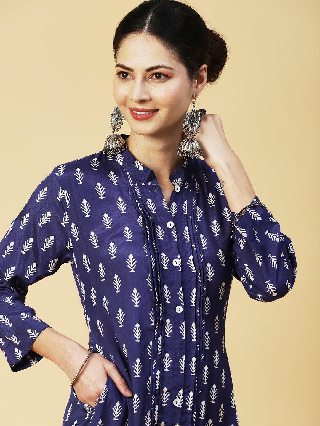 Ethnic Printed Straight Fit Kurta with Pant - Blue - Indiakreations