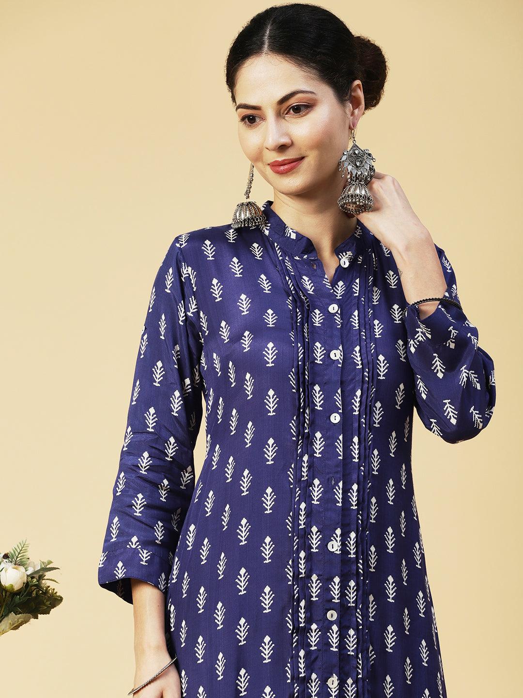 Ethnic Printed Straight Fit Kurta with Pant - Blue - Indiakreations