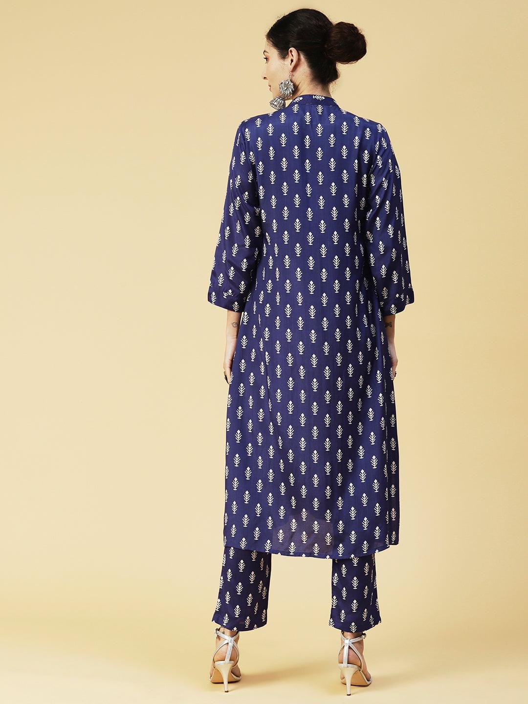 Ethnic Printed Straight Fit Kurta with Pant - Blue - Indiakreations