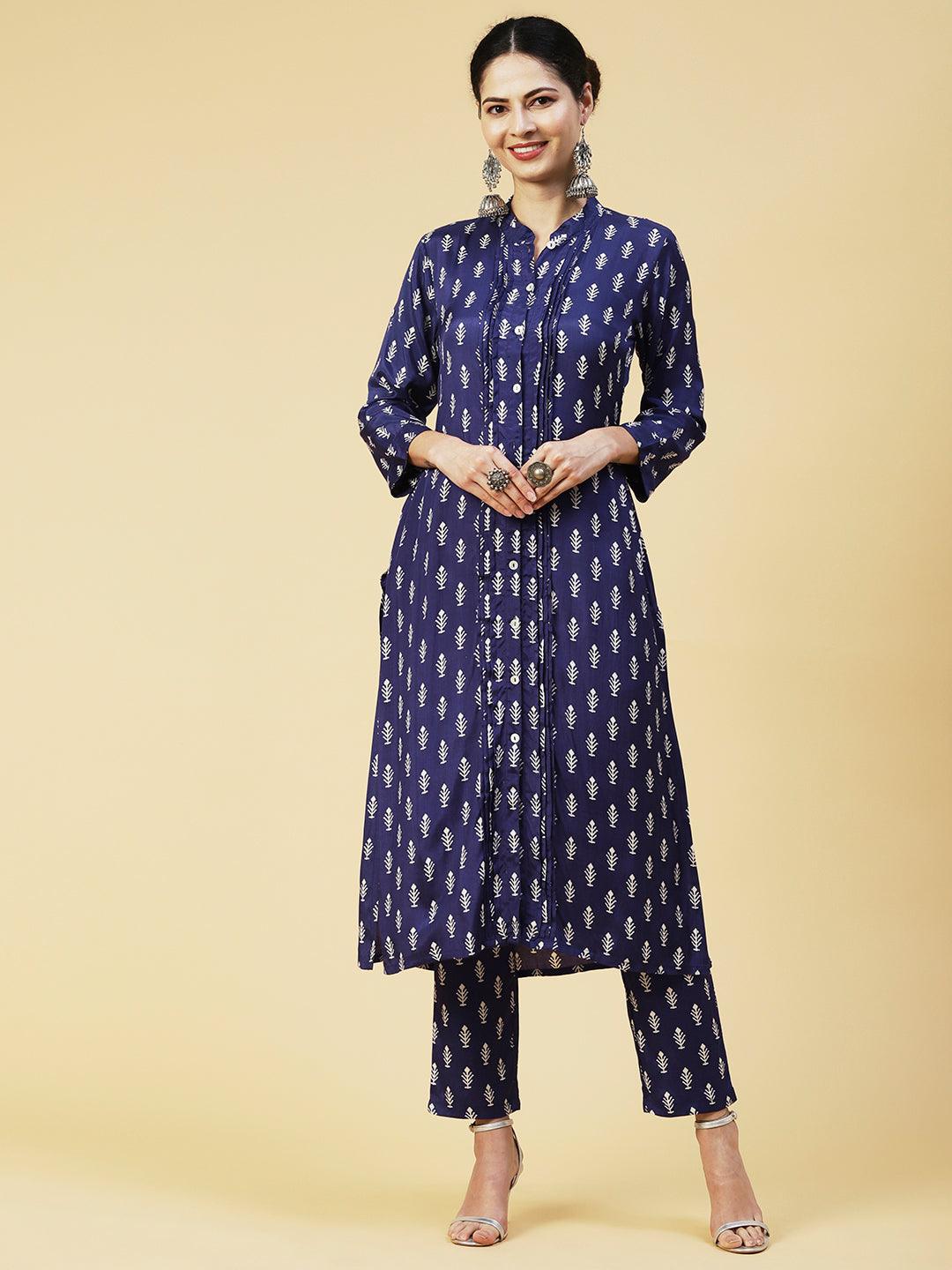 Ethnic Printed Straight Fit Kurta with Pant - Blue - Indiakreations