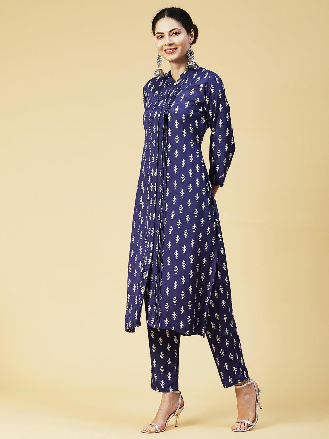 Ethnic Printed Straight Fit Kurta with Pant - Blue - Indiakreations