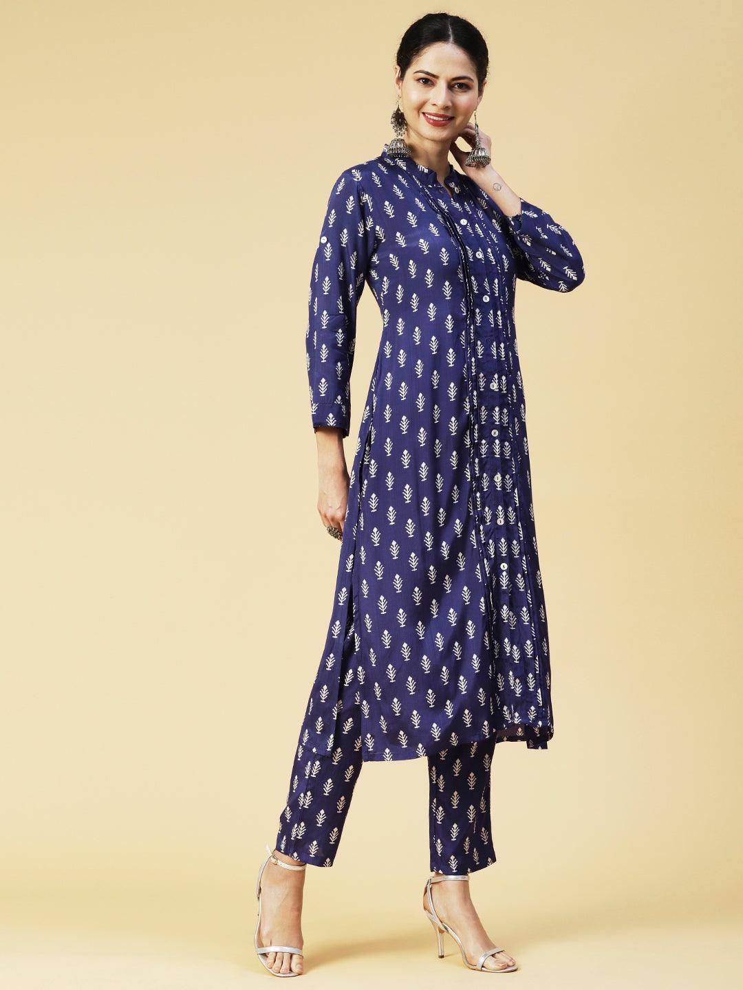 Ethnic Printed Straight Fit Kurta with Pant - Blue - Indiakreations