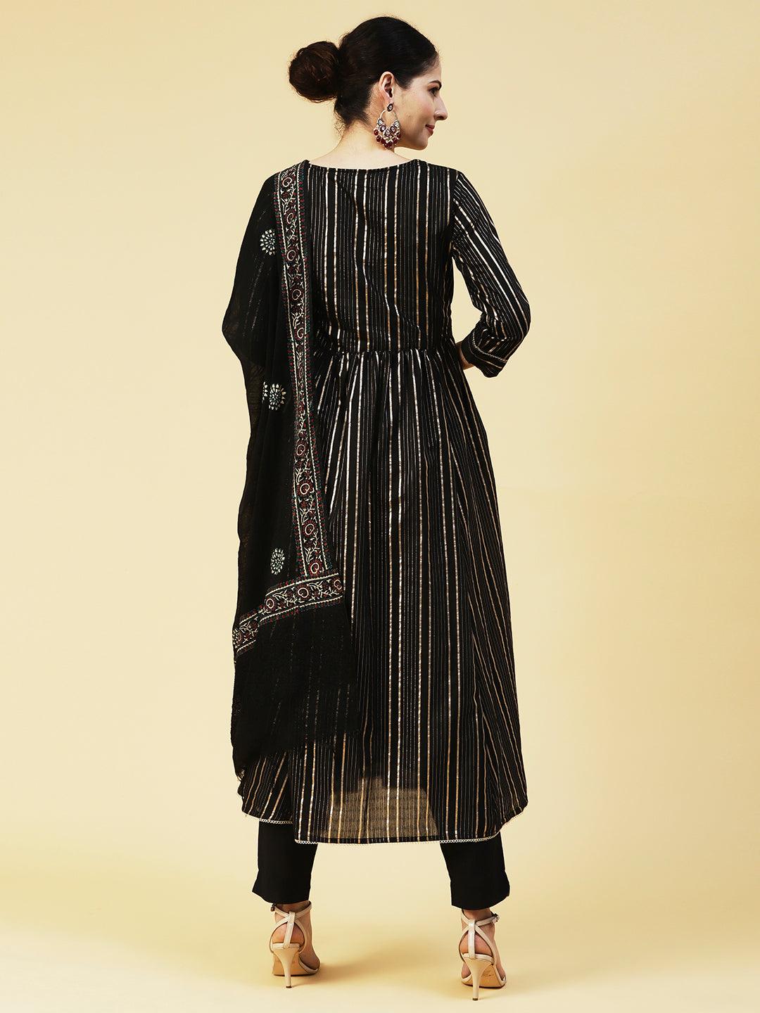 Lurex Striped & Floral Embroidered A-Line Kurta with Pant & Dupatta - Black - Indiakreations