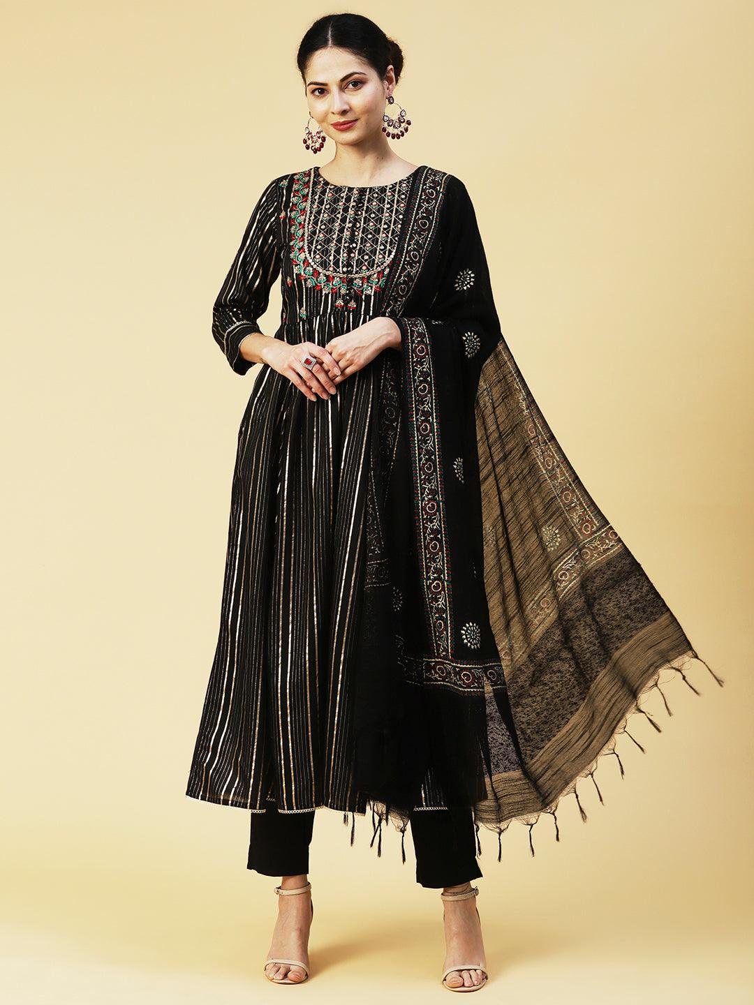 Lurex Striped & Floral Embroidered A-Line Kurta with Pant & Dupatta - Black - Indiakreations